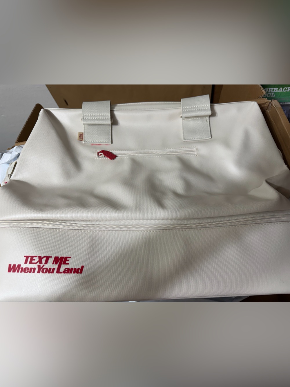 BEIS Cream Tote with Red Text Accent
